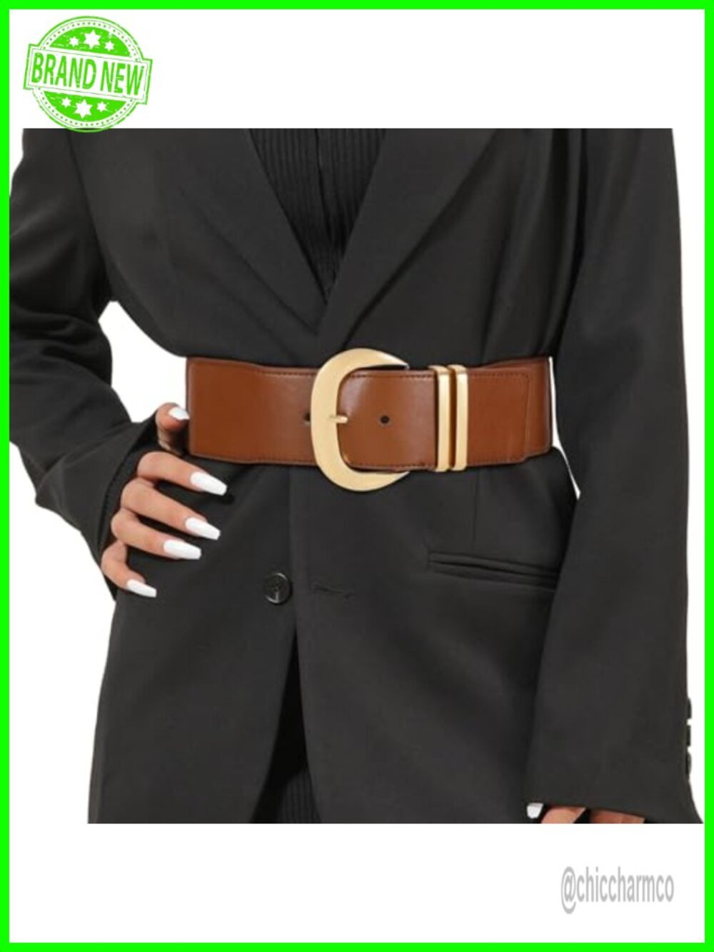 Wide Elastic Waist Belt with Gold Buckle Stretchy PU Leather Waistband for